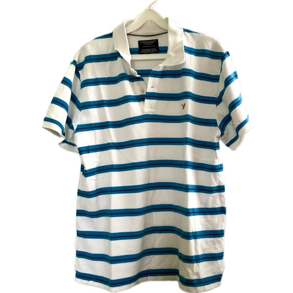 Vtg Y2K American Eagle Stripe Polo Shirt Preppy Blue White SZ Large 100% Cotton